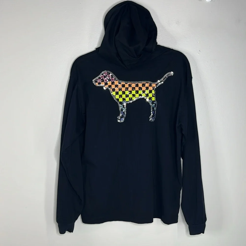 Victoria’s Secret PINK Rainbow Sequined Checkered Dog Hooded Tee size Large - Picture 14 of 15